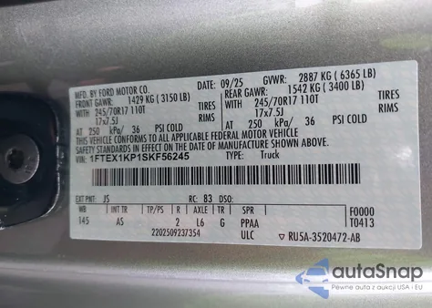 2025 Ford F-150 Xl из США, поврежденный, VIN 1FTEX1KP1SKF56245